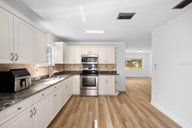 kitchen with open shelves, visible vents, appliances with stainless steel finishes, white cabinetry, and a sink