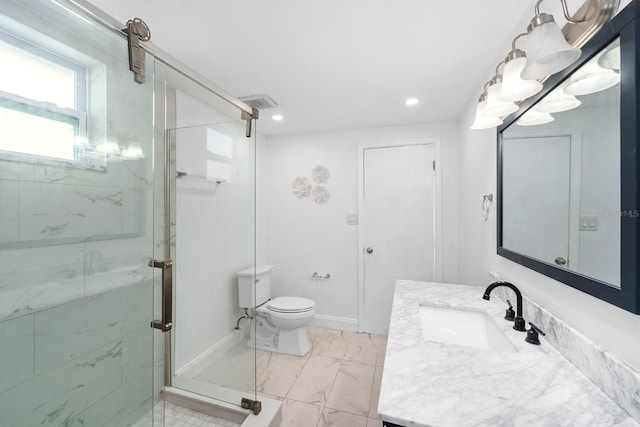 bathroom featuring marble finish floor, a marble finish shower, recessed lighting, vanity, and baseboards