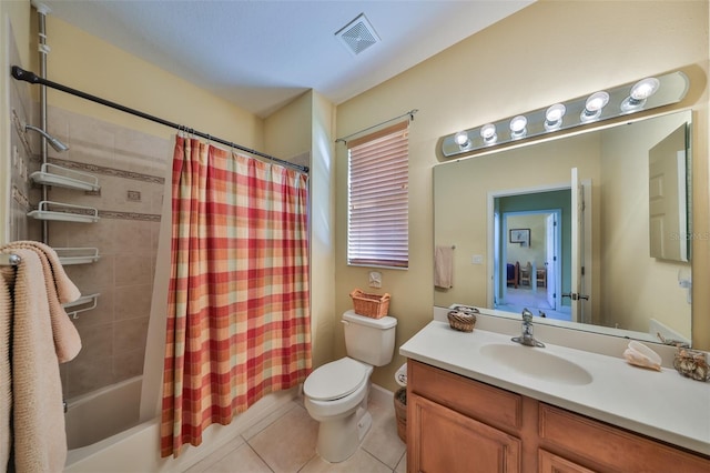 full bathroom with shower / tub combo with curtain, tile patterned floors, toilet, and vanity