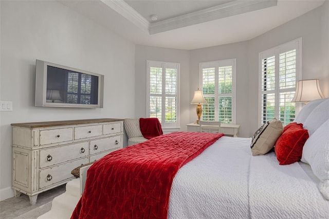 carpeted bedroom featuring multiple windows, crown molding, and a raised ceiling