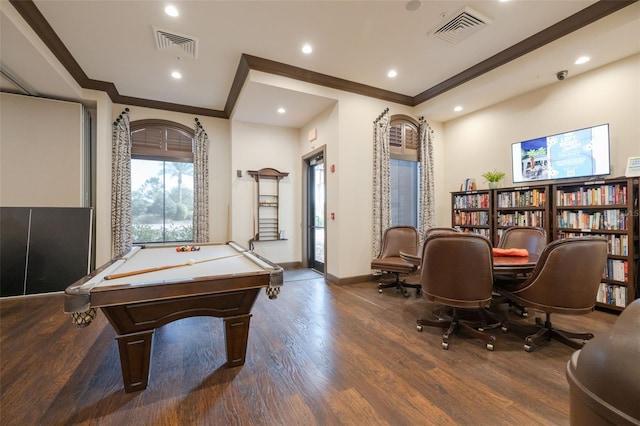 recreation room featuring billiards, crown molding, and dark hardwood / wood-style floors