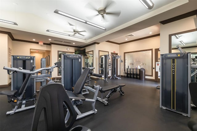 gym featuring crown molding and ceiling fan