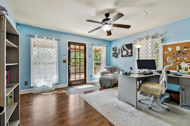 office featuring dark hardwood / wood-style floors and ceiling fan