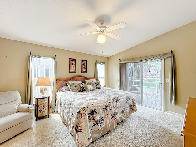 carpeted bedroom with lofted ceiling, access to outside, and ceiling fan