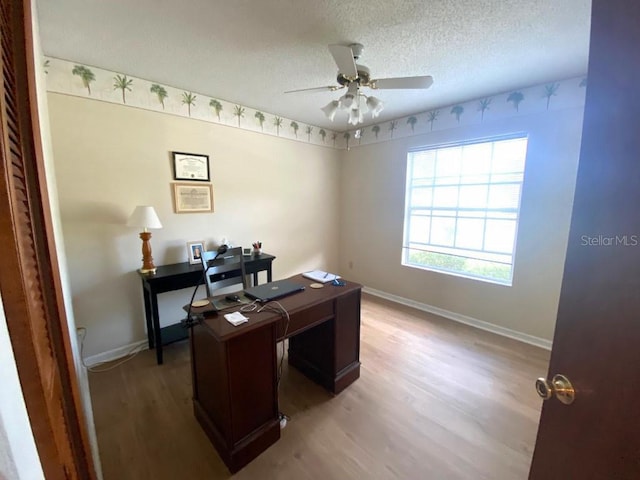 office space with ceiling fan, hardwood / wood-style floors, and a textured ceiling