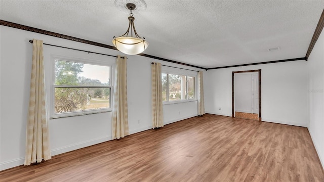 interior space featuring crown molding, a textured ceiling, and hardwood / wood-style flooring