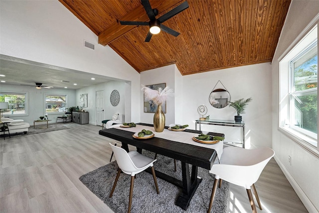 dining area featuring wood ceiling, visible vents, light wood-style flooring, and baseboards