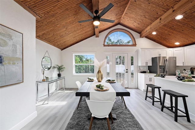 dining area featuring high vaulted ceiling, light wood-type flooring, and wood ceiling