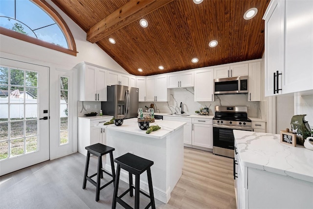 kitchen with stainless steel appliances, backsplash, white cabinetry, a sink, and wooden ceiling