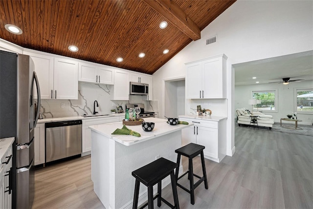 kitchen featuring stainless steel appliances, visible vents, backsplash, a sink, and wooden ceiling