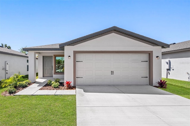 single story home with a garage and a front yard