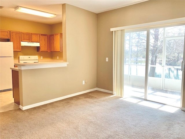 kitchen featuring white appliances, light colored carpet, and kitchen peninsula