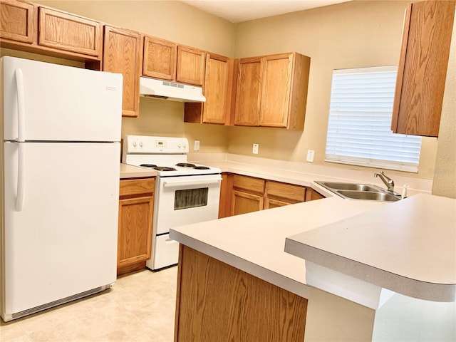 kitchen with sink, white appliances, and kitchen peninsula