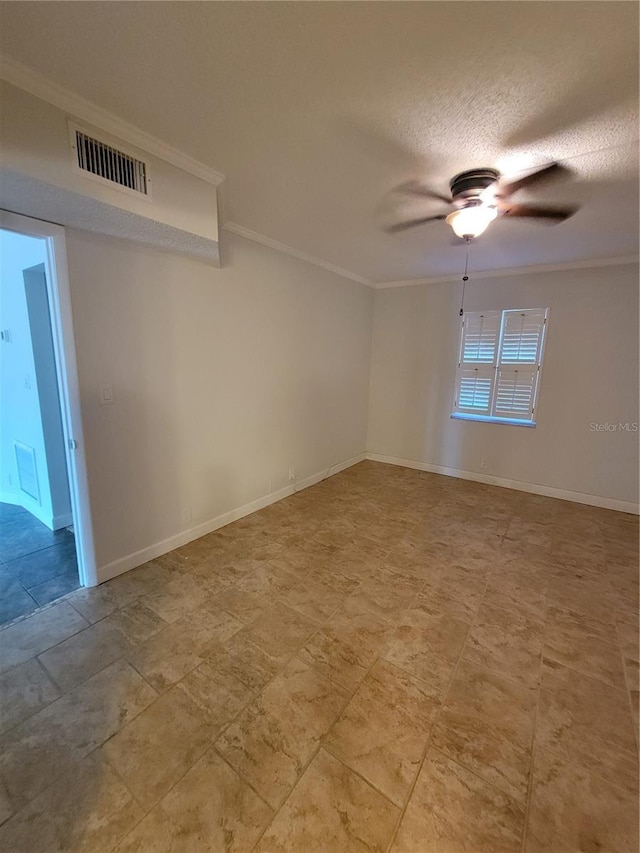 unfurnished room featuring ornamental molding, a textured ceiling, and ceiling fan