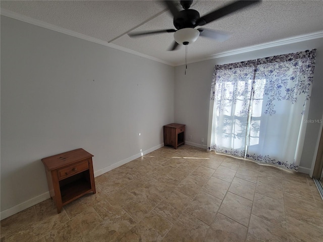 unfurnished room featuring ceiling fan, ornamental molding, and a textured ceiling