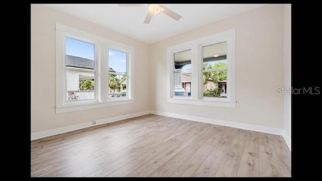 unfurnished room featuring ceiling fan and light wood-type flooring