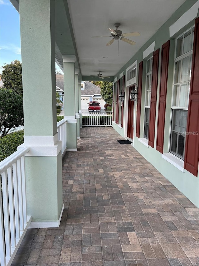 view of patio / terrace featuring ceiling fan and covered porch