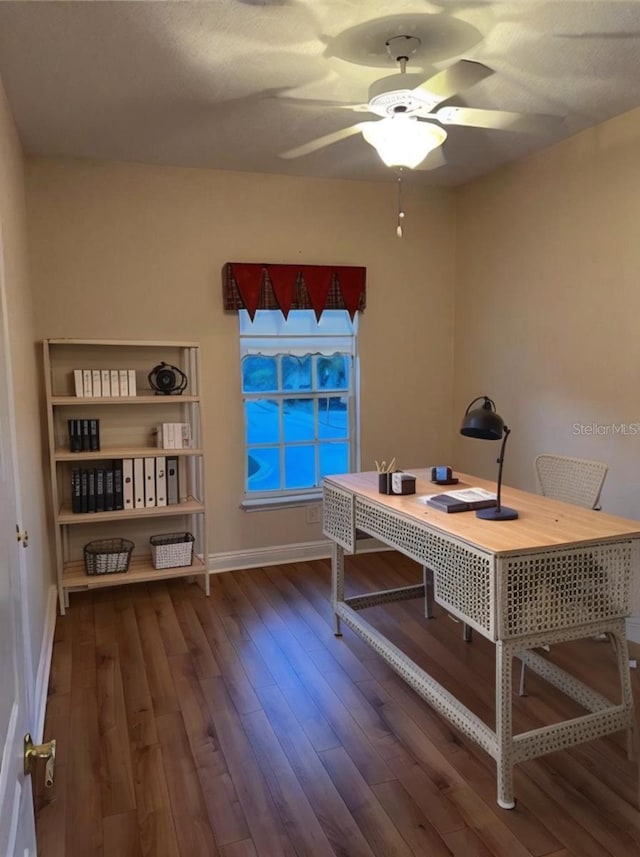 office featuring hardwood / wood-style flooring and ceiling fan