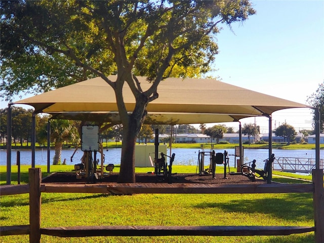 view of community featuring a water view and a lawn