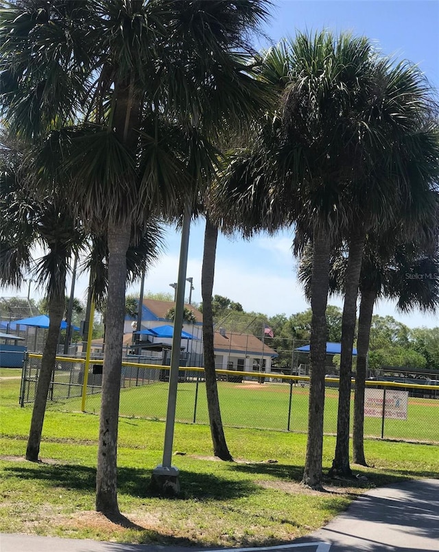 view of community featuring fence and a lawn