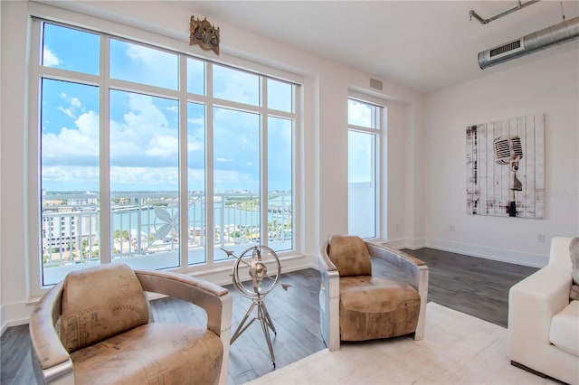 living room with hardwood / wood-style floors, plenty of natural light, and a water view