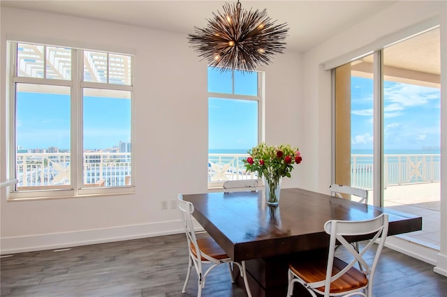 dining space featuring a water view, dark hardwood / wood-style floors, and a chandelier