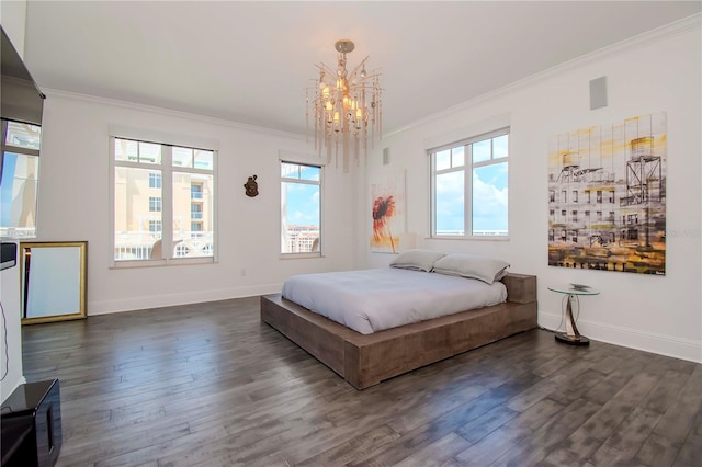 bedroom with ornamental molding, a notable chandelier, and dark hardwood / wood-style flooring