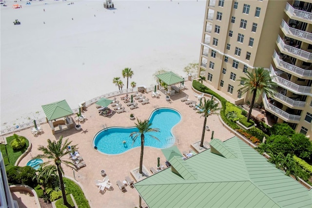 view of swimming pool with a gazebo and a patio