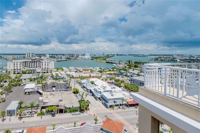 aerial view featuring a water view