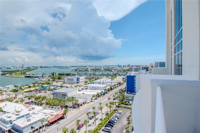 bird's eye view with a water view