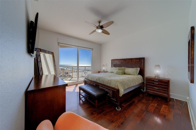 bedroom featuring hardwood / wood-style flooring, access to outside, baseboards, and a ceiling fan