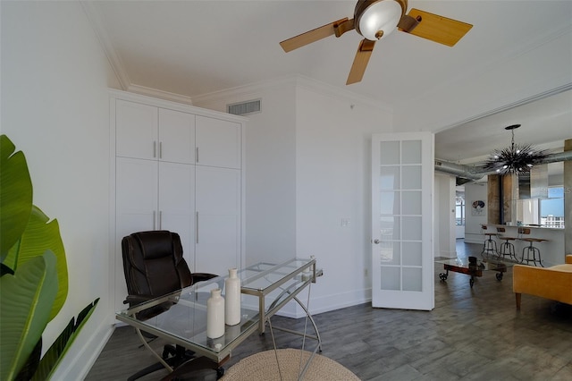 home office featuring french doors, visible vents, ornamental molding, wood finished floors, and baseboards