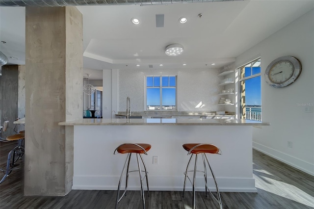 kitchen featuring dark wood-style floors, a kitchen bar, light countertops, and a sink