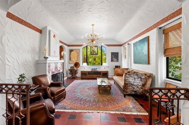 interior space featuring an inviting chandelier, lofted ceiling, and a textured ceiling