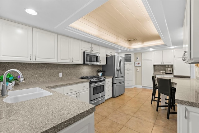 kitchen with sink, a tray ceiling, stainless steel appliances, and white cabinets