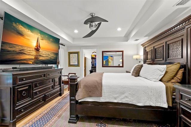 bedroom featuring a tray ceiling, ceiling fan, and a spacious closet