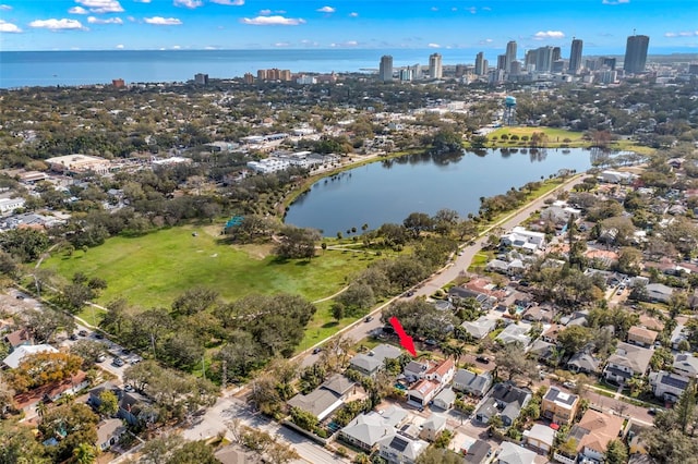 drone / aerial view featuring a water view