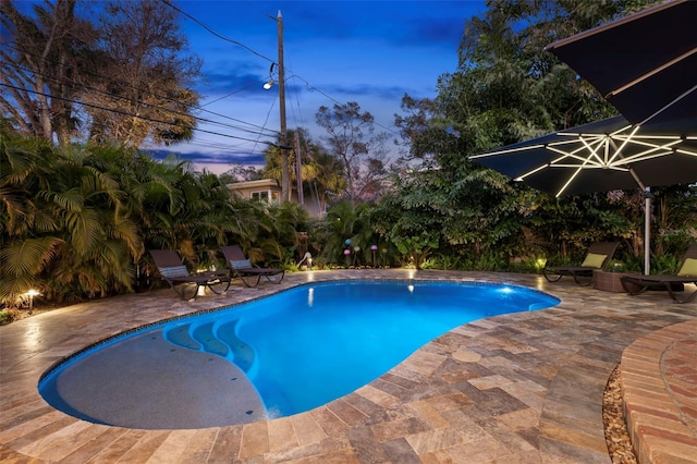 pool at dusk with a patio