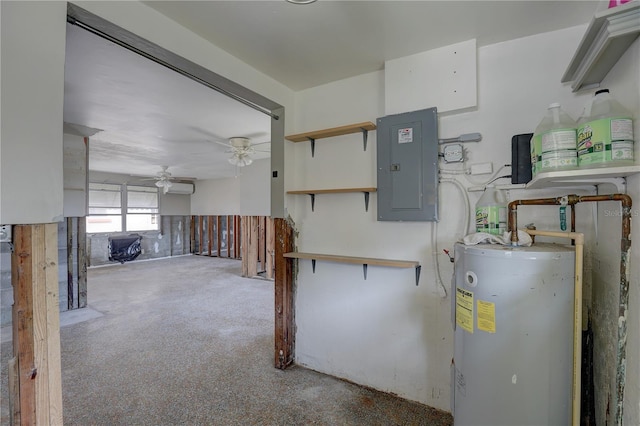 basement featuring a wall mounted AC, electric panel, water heater, and ceiling fan