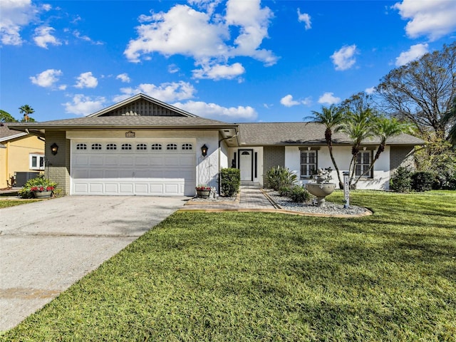 ranch-style house with cooling unit, a garage, and a front lawn