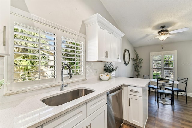 kitchen featuring sink, white cabinetry, light stone countertops, dark hardwood / wood-style flooring, and stainless steel dishwasher