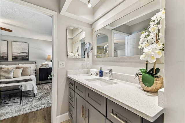 bathroom with vanity, hardwood / wood-style flooring, and a textured ceiling