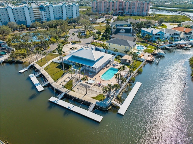 drone / aerial view with a water view