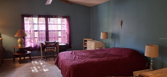 bedroom with lofted ceiling and carpet floors