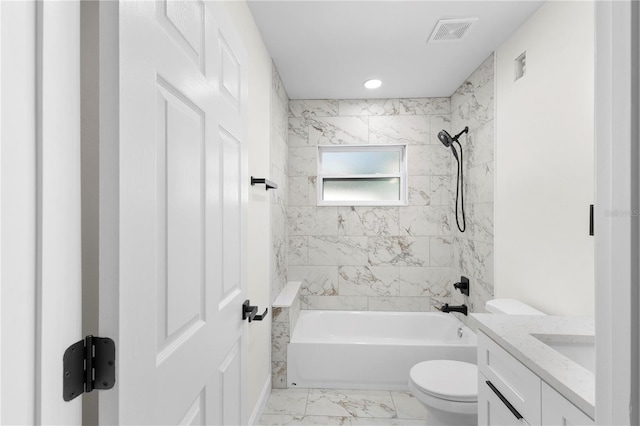 bathroom with visible vents, toilet, shower / bathtub combination, marble finish floor, and vanity