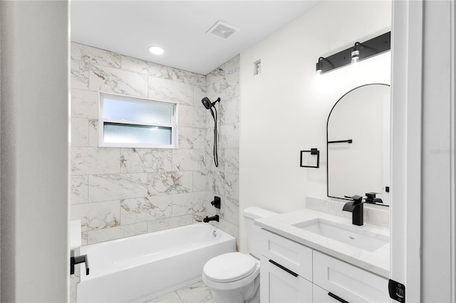 bathroom with visible vents, toilet, marble finish floor, bathing tub / shower combination, and vanity