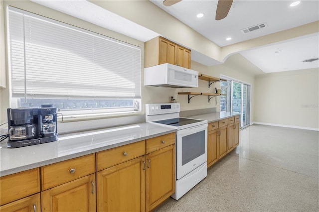 kitchen with light speckled floor, open shelves, recessed lighting, visible vents, and white appliances