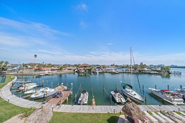 view of dock with a water view