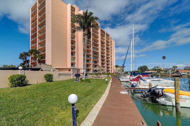 view of building exterior with a water view