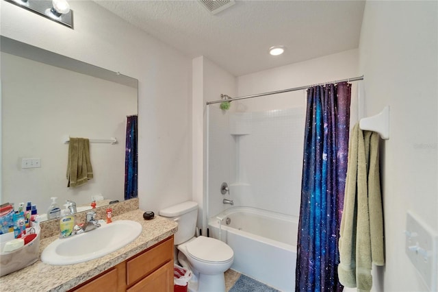 bathroom with visible vents, toilet, shower / bath combo with shower curtain, a textured ceiling, and vanity